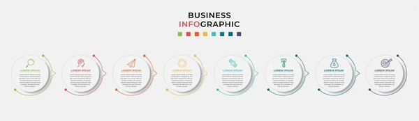 Minimale Geschäftsinformationsgrafik Vorlage Zeitachse Mit Schritten Optionen Und Marketing Symbolen — Stockvektor