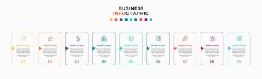 Asgari İş Bilgileri şablonu. 9 adımlı zaman çizelgesi, seçenekler ve pazarlama simgeleri. İki dairesel elemanlı vektör doğrusal bilgi. Sunum için kullanılabilir.