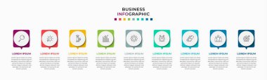 Asgari İş Bilgileri şablonu. 9 adımlı zaman çizelgesi, seçenekler ve pazarlama simgeleri. İki dairesel elemanlı vektör doğrusal bilgi. Sunum için kullanılabilir.