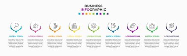 Asgari İş Bilgileri şablonu. 9 adımlı zaman çizelgesi, seçenekler ve pazarlama simgeleri. İki dairesel elemanlı vektör doğrusal bilgi. Sunum için kullanılabilir.