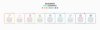 Asgari İş Bilgileri şablonu. 9 adımlı zaman çizelgesi, seçenekler ve pazarlama simgeleri. İki dairesel elemanlı vektör doğrusal bilgi. Sunum için kullanılabilir.