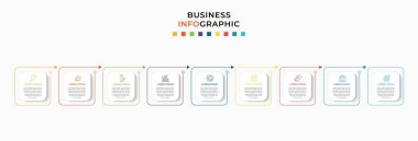 Asgari İş Bilgileri şablonu. 9 adımlı zaman çizelgesi, seçenekler ve pazarlama simgeleri. İki dairesel elemanlı vektör doğrusal bilgi. Sunum için kullanılabilir.