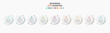 Asgari İş Bilgileri şablonu. 9 adımlı zaman çizelgesi, seçenekler ve pazarlama simgeleri. İki dairesel elemanlı vektör doğrusal bilgi. Sunum için kullanılabilir.