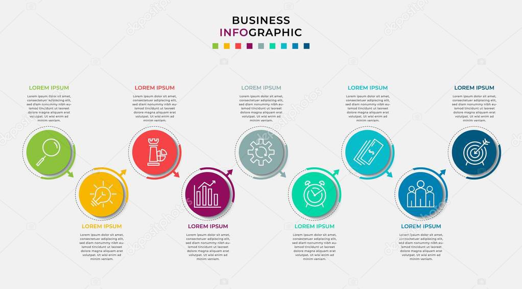 Minimal Business Infographics template. Timeline with 9 steps, options and marketing icons .Vector linear infographic with two circle conected elements. Can be use for presentation.