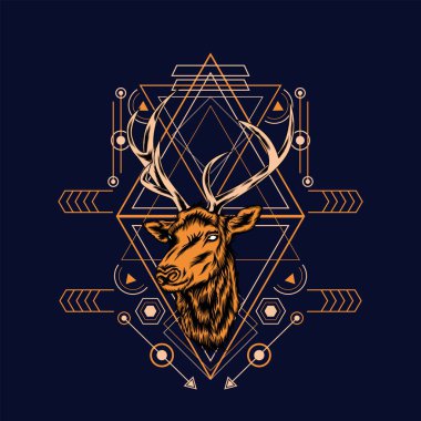 Siyah arkaplan vektör retro illüstrasyonunda kutsal geometri desenli geyik başı