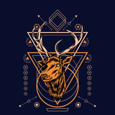 Siyah arkaplan vektör retro illüstrasyonunda kutsal geometri desenli geyik başı