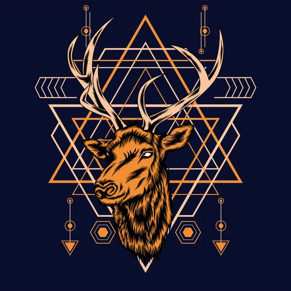 Deer Head Sacred Geometry Pattern Black Background Vector Retro Illustration — Stock Vector