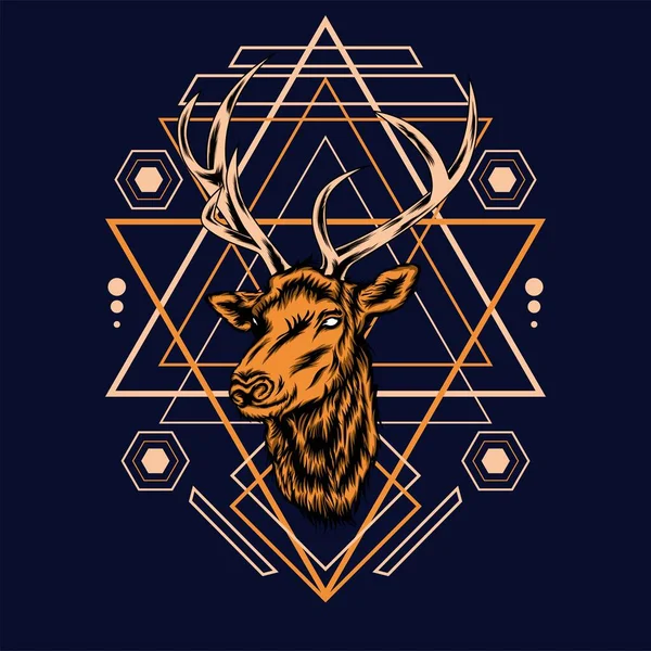 Deer Head Sacred Geometry Pattern Black Background Vector Retro Illustration — Stock Vector