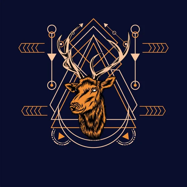 Deer Head Sacred Geometry Pattern Black Background Vector Retro Illustration — Stock Vector