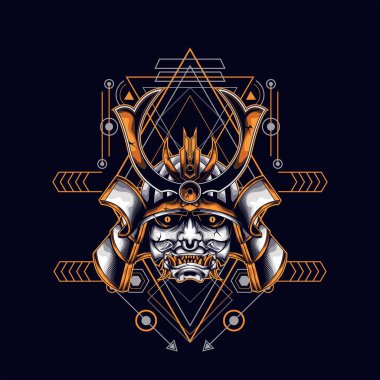oni maskeli samuray kafası kutsal geometri süsüsüyle tişört tasarımı için