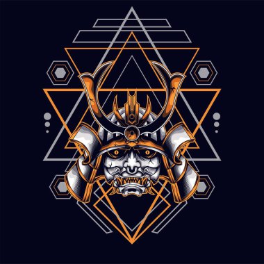 oni maskeli samuray kafası kutsal geometri süsüsüyle tişört tasarımı için