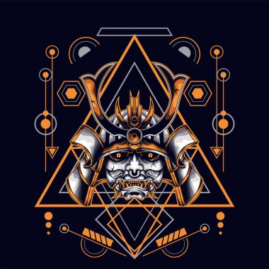 oni maskeli samuray kafası kutsal geometri süsüsüyle tişört tasarımı için