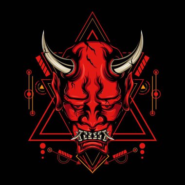 Şeytan maskesi, Hannya maskesi, kutsal geometri süsü ve tişört tasarımı için siyah arka plan.