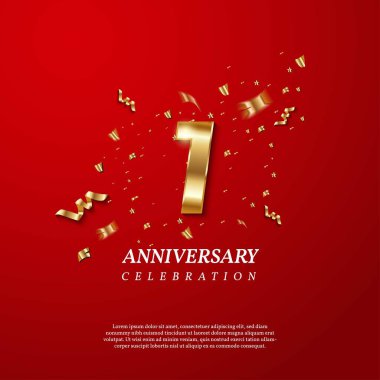Birinci yıldönümü kutlaması. Parlak konfetileri, yıldızları, parıltıları ve kırmızı arka planda şeritleri olan altın bir numara. Vektör bayramı illüstrasyonu. Doğum günü ya da düğün partisi dekorasyonu