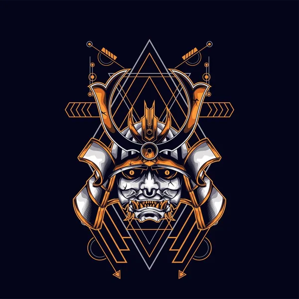 Oni Maschera Samurai Testa Con Ornamento Geometria Sacra Design Shirt — Vettoriale Stock