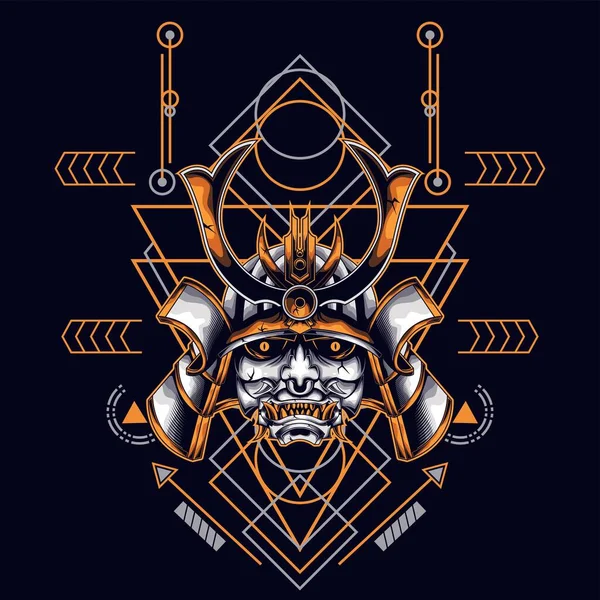 Oni Cabeza Samurai Máscara Con Adorno Geometría Sagrada Para Diseño — Vector de stock