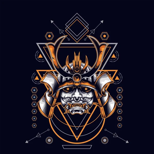 Oni Maschera Samurai Testa Con Ornamento Geometria Sacra Design Shirt — Vettoriale Stock