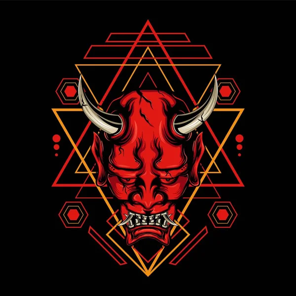Şeytan maskesi, Hannya maskesi, kutsal geometri süsü ve tişört tasarımı için siyah arka plan.