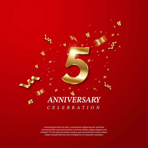Vijfde Verjaardagsfeest Gouden Nummer Met Sprankelende Confetti Sterren Glitters Streamer — Stockvector
