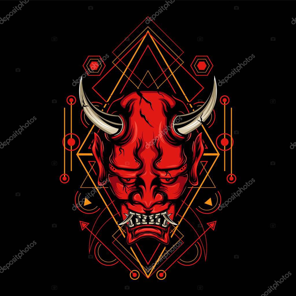 Devil mask, hannya mask with sacred geometry ornament and black background for t-shirt design