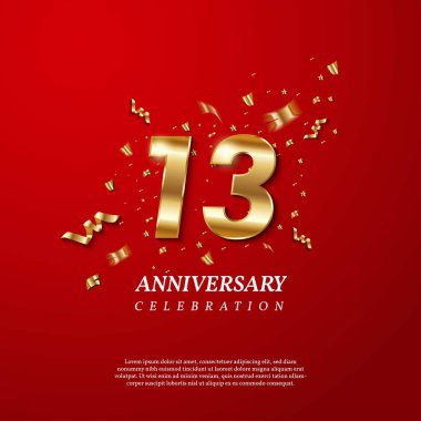 13. yıldönümü kutlaması. Parlak konfetileri, yıldızları, parıltıları ve kırmızı arka planda şeritleri olan 13 numara. Vektör bayramı illüstrasyonu. Doğum günü ya da düğün partisi dekorasyonu