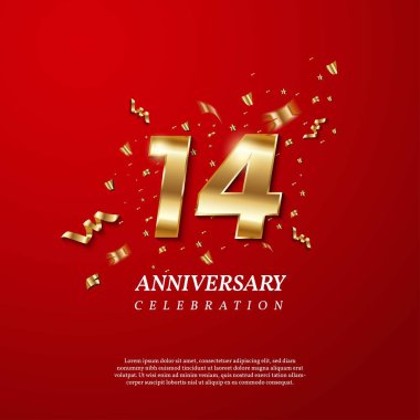 14. yıldönümü kutlaması. Parlak konfetileri, yıldızları, parıltıları ve kırmızı arka planda şeritleri olan 14 numara. Vektör bayramı illüstrasyonu. Doğum günü ya da düğün partisi dekorasyonu