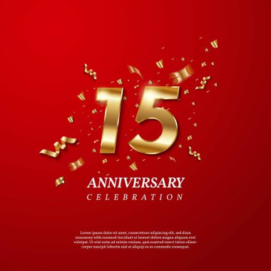 15. yıldönümü kutlaması. Parlak konfetileri, yıldızları, parıltıları ve kırmızı arka planda şeritleri olan 15 numaralı altın. Vektör bayramı illüstrasyonu. Doğum günü ya da düğün partisi dekorasyonu