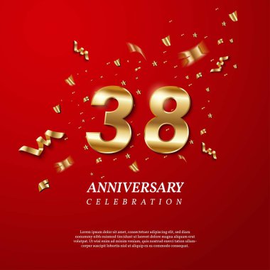 38th Anniversary celebration. Golden number 38 with sparkling confetti, stars, glitters and streamer ribbons on red background. Vector festive illustration. Birthday or wedding party event decoration