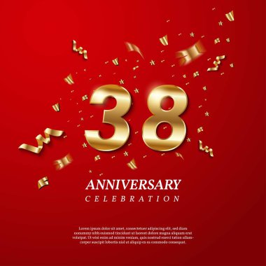 38th Anniversary celebration. Golden number 38 with sparkling confetti, stars, glitters and streamer ribbons on red background. Vector festive illustration. Birthday or wedding party event decoration clipart