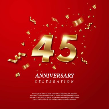 45th Anniversary celebration. Golden number 45 with sparkling confetti, stars, glitters and streamer ribbons on red background. Vector festive illustration. Birthday or wedding party event decoration