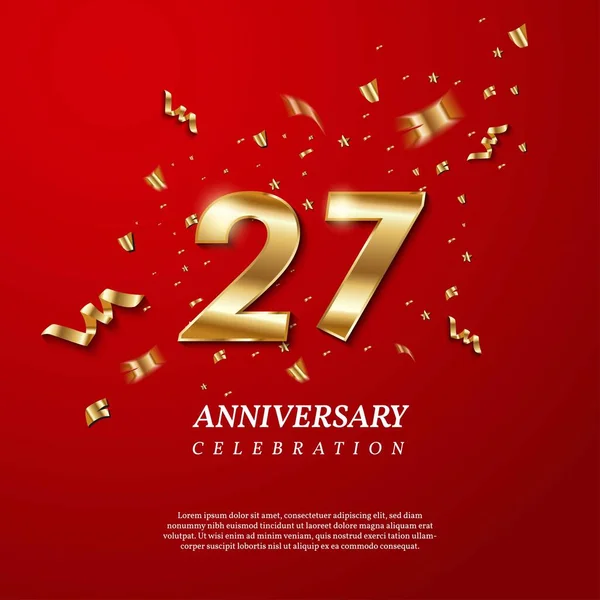 27Th Anniversary Celebration Golden Number Sparkling Confetti Stars Glitters Streamer — Stockvector