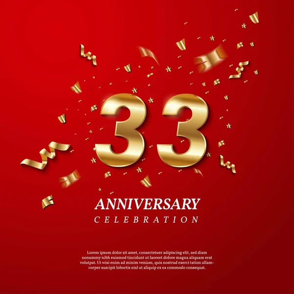 33Th Anniversary Celebration Golden Number Sparkling Confetti Stars Glitters Streamer — Stockový vektor