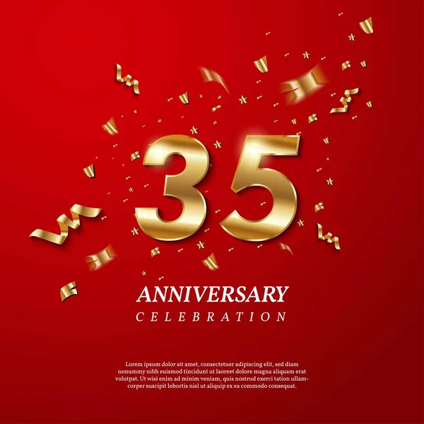 35Th Anniversary Celebration Golden Number Sparkling Confetti Stars Glitters Streamer — Stockvector