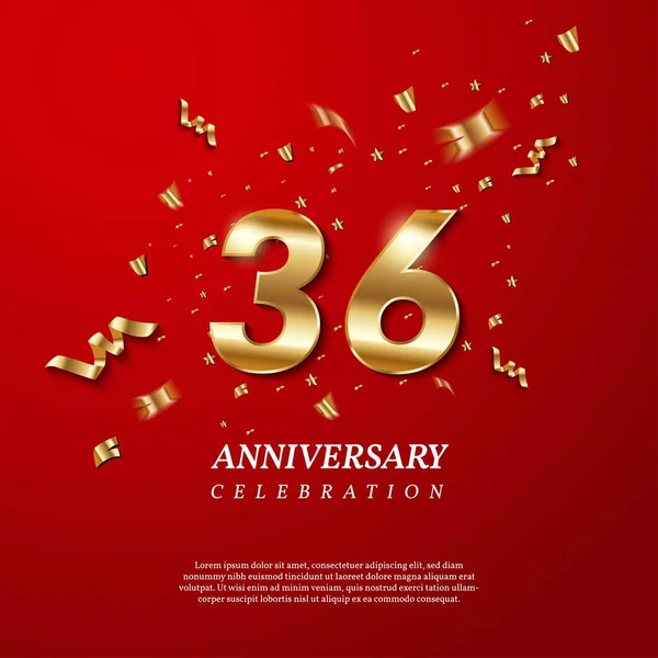 36Th Anniversary Celebration Golden Number Sparkling Confetti Stars Glitters Streamer — Stockový vektor