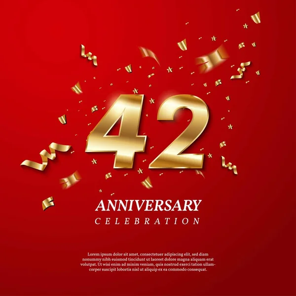 42Th Anniversary Celebration Golden Number Sparkling Confetti Stars Glitters Streamer — Stockvector