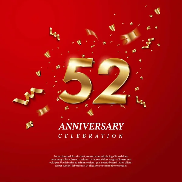 52Th Anniversary Celebration Golden Number Sparkling Confetti Stars Glitters Streamer — Stockvector