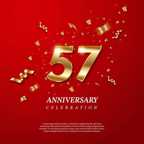 57Th Anniversary Celebration Golden Number Sparkling Confetti Stars Glitters Streamer — Stockvector