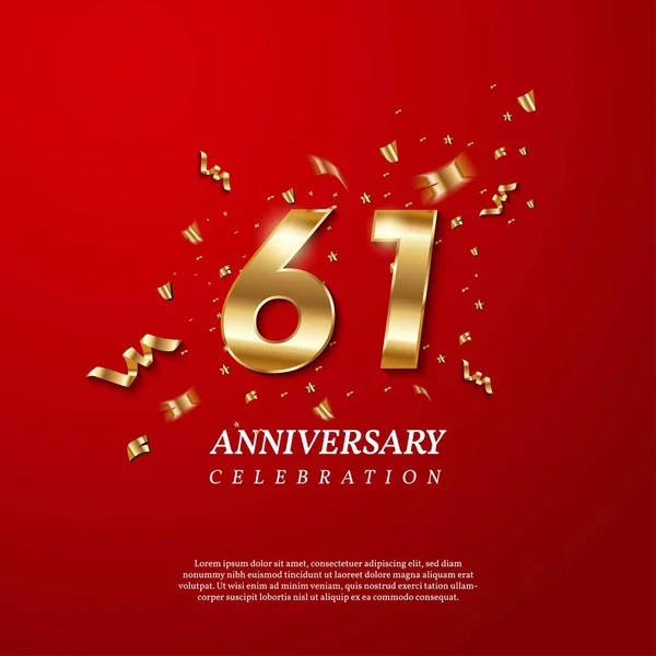 61Th Anniversary Celebration Golden Number Sparkling Confetti Stars Glitters Streamer — Archivo Imágenes Vectoriales