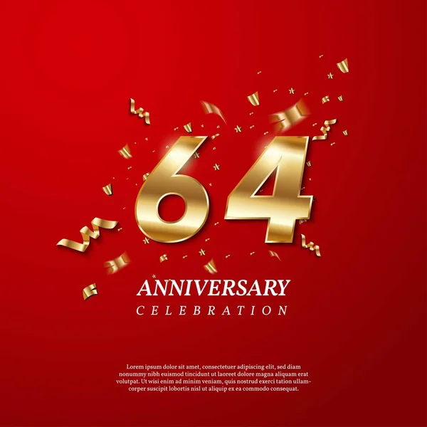 64Th Anniversary Celebration Golden Number Sparkling Confetti Stars Glitters Streamer — Archivo Imágenes Vectoriales