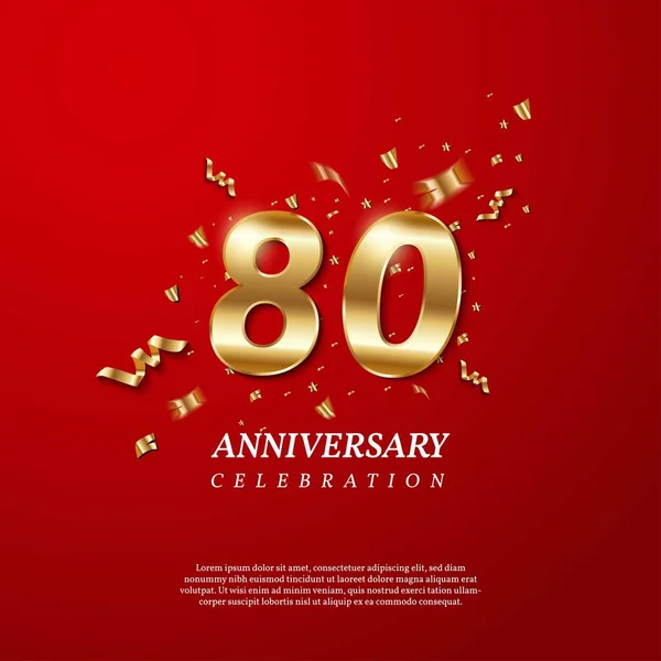 80周年庆祝活动 金光闪闪的80号 红色背景上闪烁着五彩斑斓的彩带 矢量节庆图解 生日或婚宴装饰 — 图库矢量图片