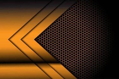 Altıgen örgülü siyah üzerine soyut altın metalik modern lüks fütüristik teknoloji arka plan çizimi.