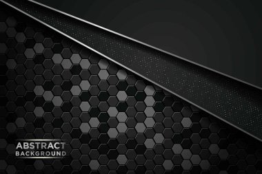 Çember ve siyah örtüşen katmanlı koyu soyut bir zemin. Gümüş liste ve gümüş simler altıgen desenli arka plan üzerindeki noktalar elementi