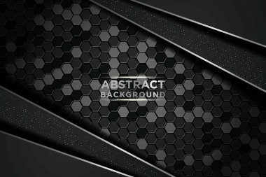 Çember ve siyah örtüşen katmanlı koyu soyut bir zemin. Gümüş liste ve gümüş simler altıgen desenli arka plan üzerindeki noktalar elementi