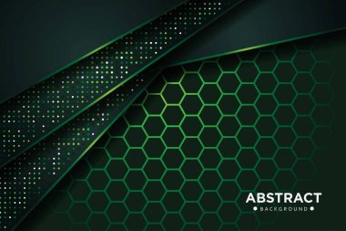 Parıltılı noktalar ve altıgen ağ dizaynı ile soyut koyu yeşil örtüşen modern lüks fütüristik teknoloji arka plan çizimi.