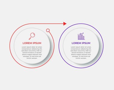 Asgari İş Bilgileri şablonu. 2 adımlı zaman çizelgesi, seçenekler ve pazarlama simgeleri. İki dairesel içerikli vektör doğrusal bilgi. Sunum için kullanılabilir.