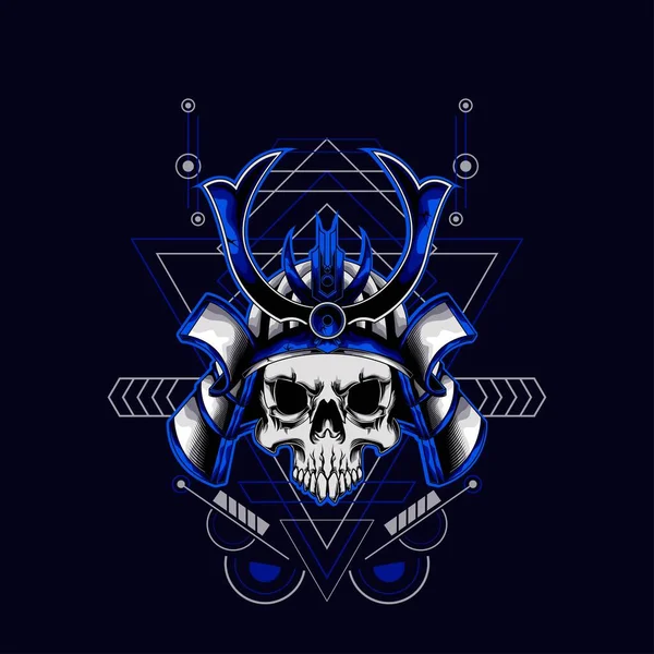 青い侍の頭蓋骨ヘルメットと聖なる幾何学のための壁紙 バナー Tシャツ ポスター パーカー トートバッグ カード 本のイラスト ウェブランディングページ — ストックベクタ