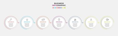 Vektör Infographic tasarım iş şablonu simgeleri ve 7 seçenek veya adımla. İşlem şeması, sunumlar, iş akışı düzeni, afiş, akış şeması, bilgi grafiği için kullanılabilir