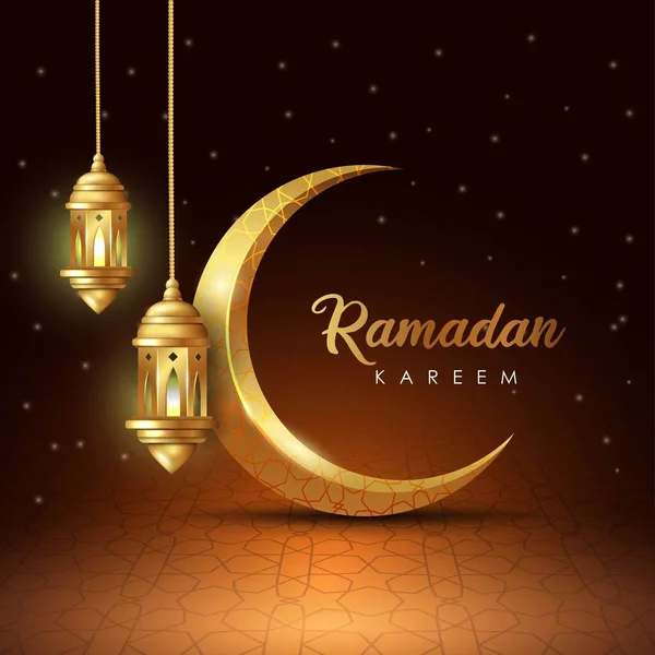 ラマダーン カレームイスラム教のデザインの三日月とアラビア語のパターンと書道と提灯 — ストックベクタ