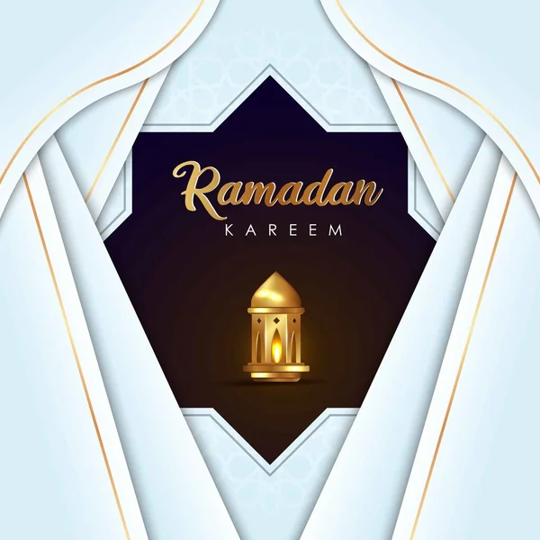 ラマダーンカレームグリーティングカードテンプレート白の重なりの背景と伝統的なランタンとイスラムベクトルのデザイン — ストックベクタ