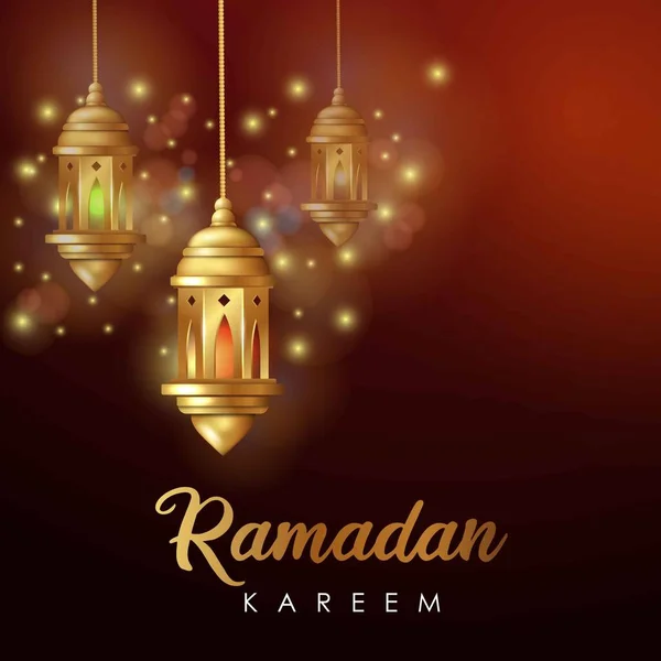 拉马丹 卡里姆 Ramadan Kareem 伊斯兰式设计 带有阿拉伯图案和书法的新月形和灯笼 — 图库矢量图片